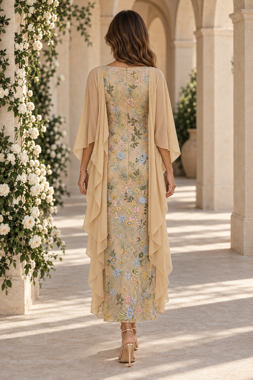 Embroidered Column Dress with Draped Cape