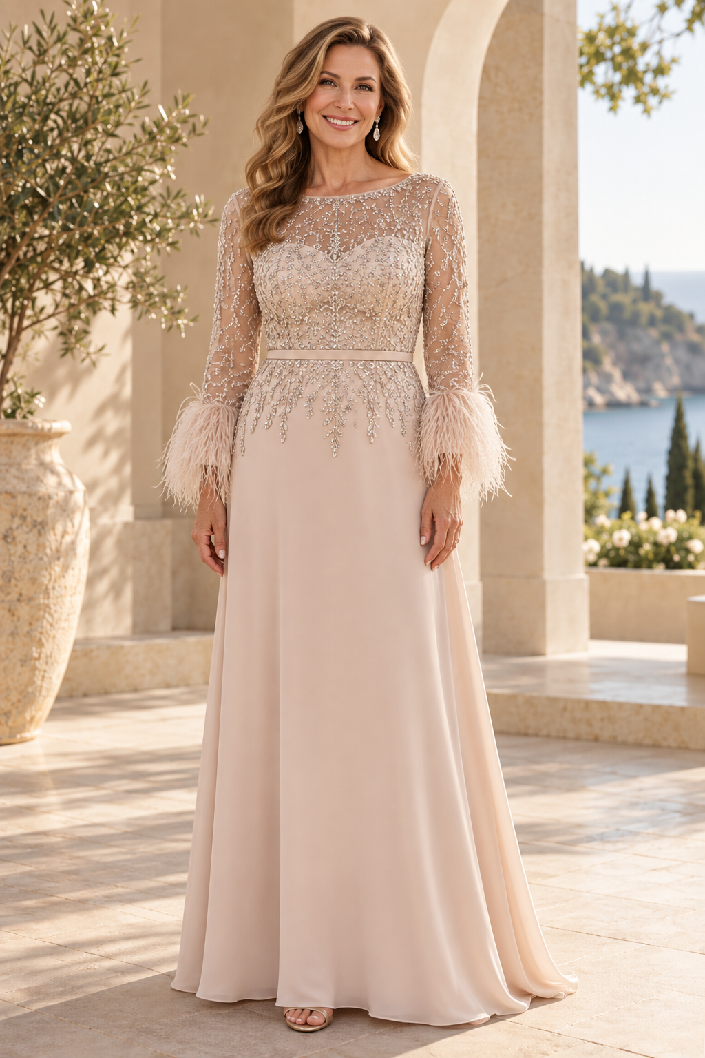 Beaded Feather-Cuff A-Line Gown