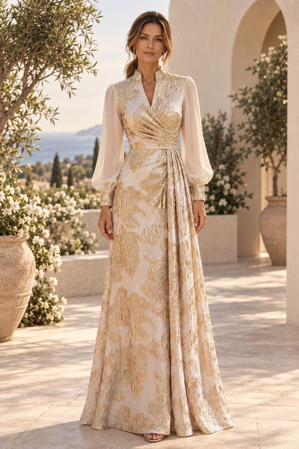 Metallic Jacquard A-Line Gown with Balloon Sleeves