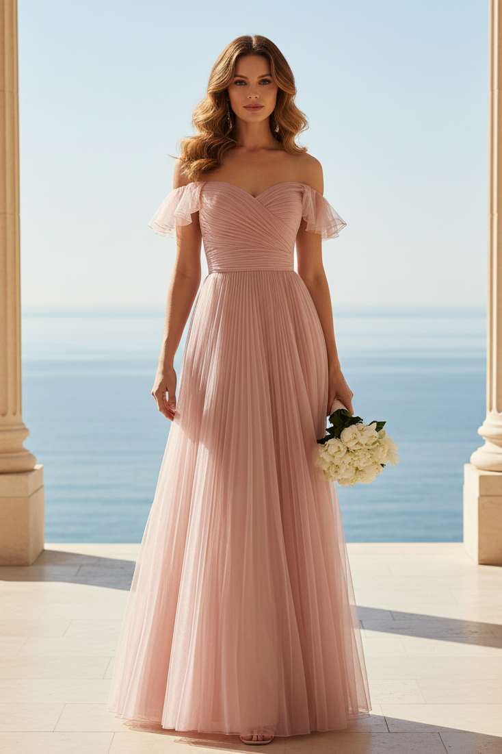 Off-Shoulder Plissiertes Tüll-A-Linien-Kleid