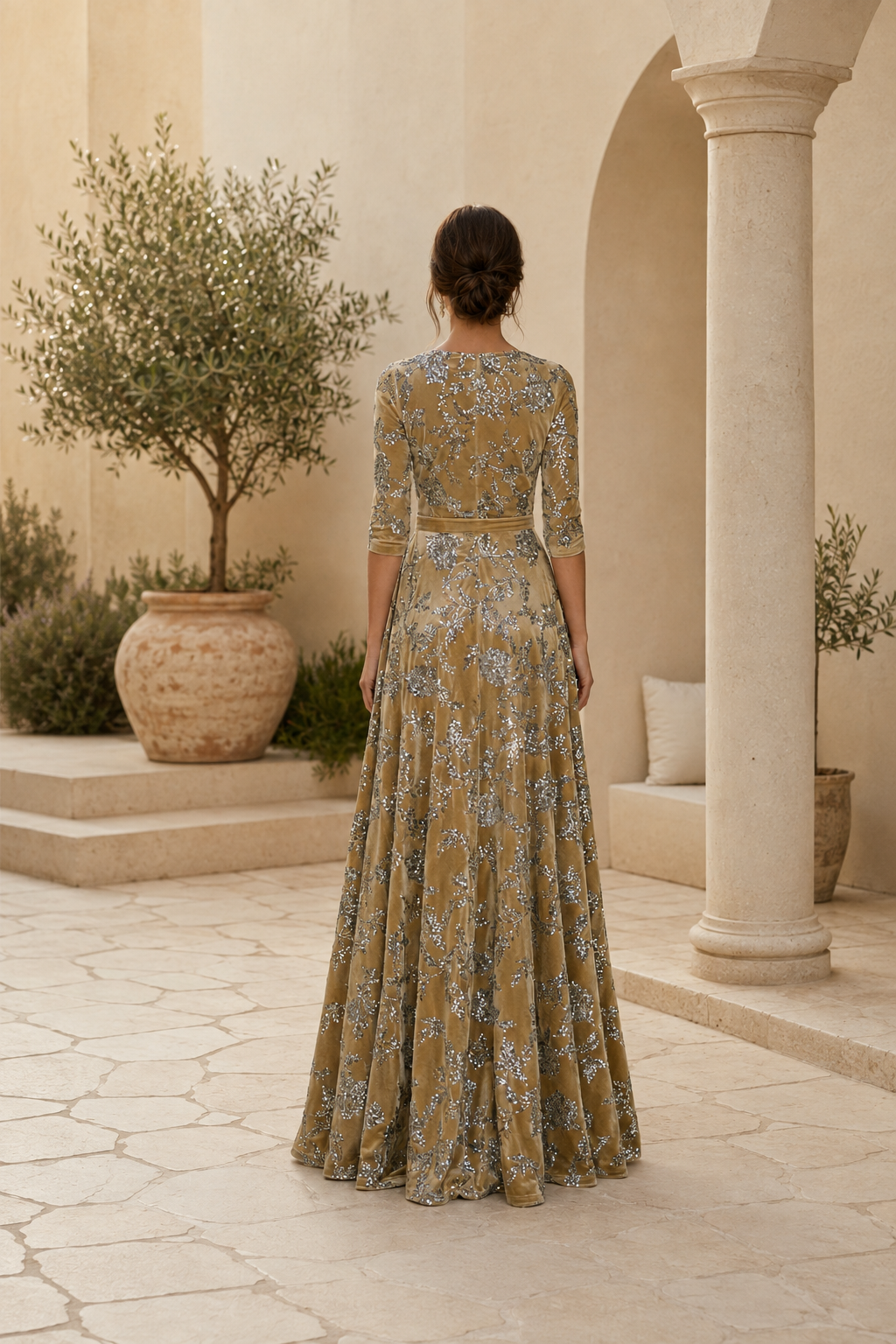 Blumiges Pailletten-Samt-Abendkleid in A-Linie
