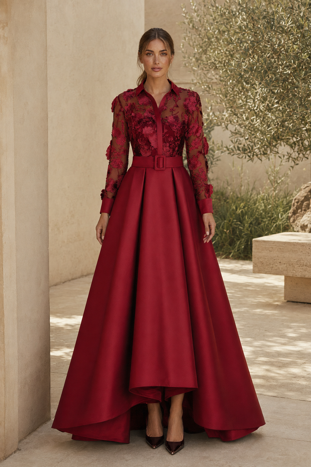 Festliches High-Low-Kleid mit floralem Spitzenoberteil