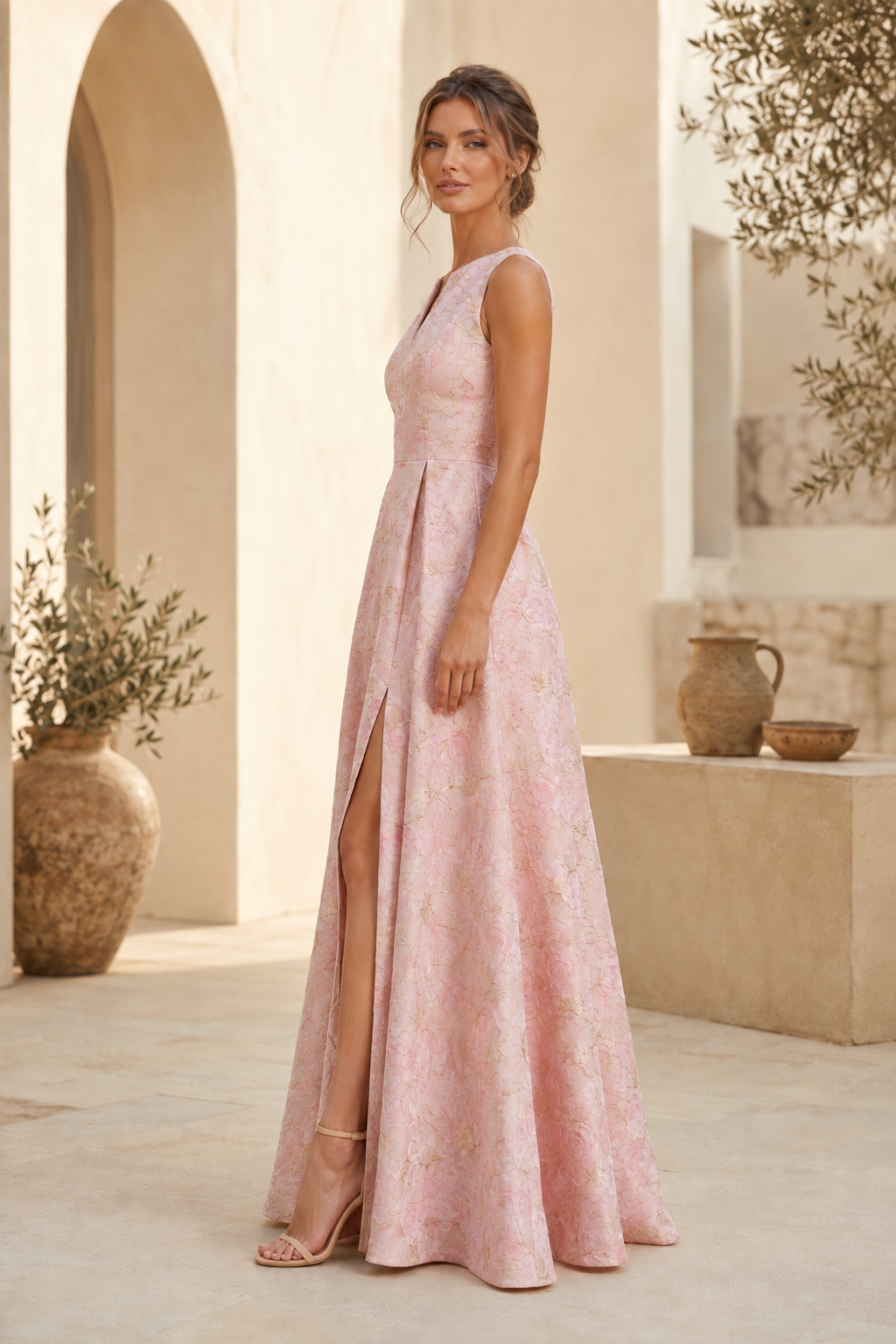 Ärmelloses Jacquard-A-Linien-Kleid mit vorderem Schlitz