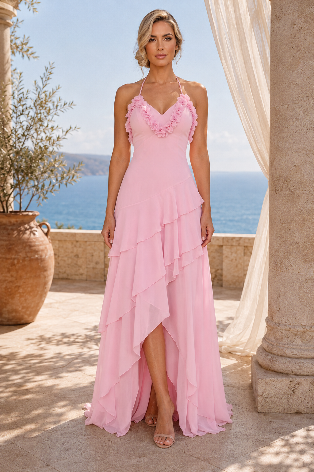 Halterabendkleid mit gestuften Rüschen und High-Low-Saum