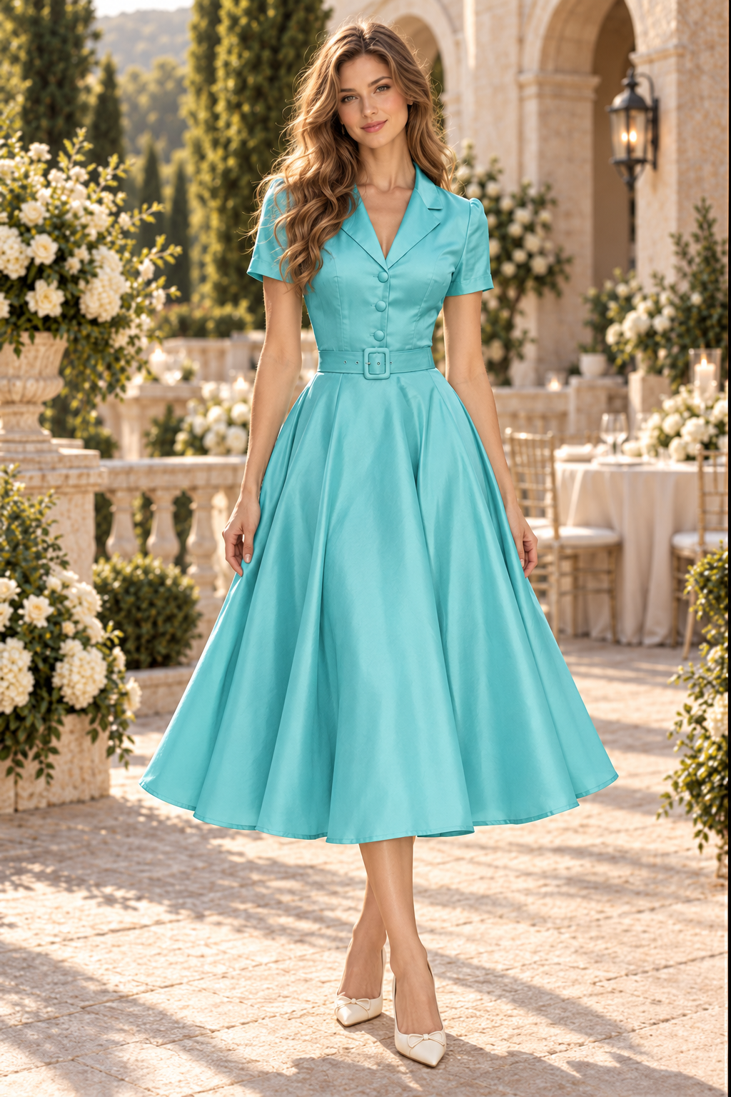Collared Button-Front Midi Dress with Belt