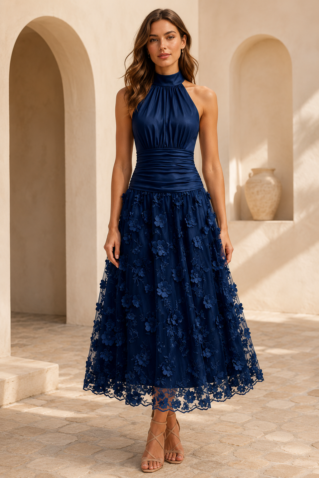 Neckholder-Midikleid mit plissiertem Oberteil und 3D-Blumenmuster