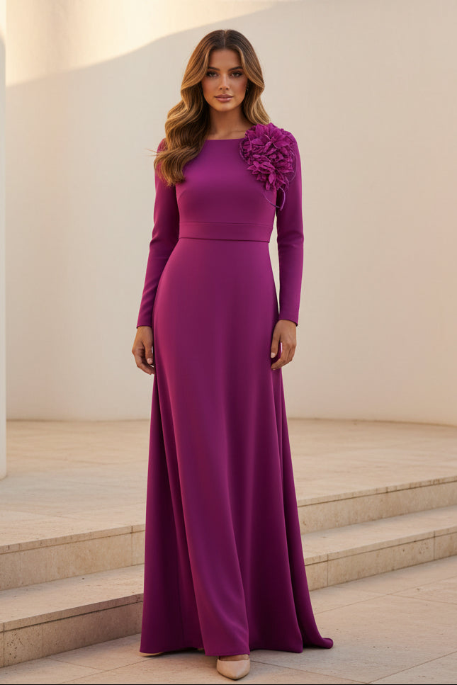 Elegantes langärmeliges Abendkleid mit 3D-Blumen