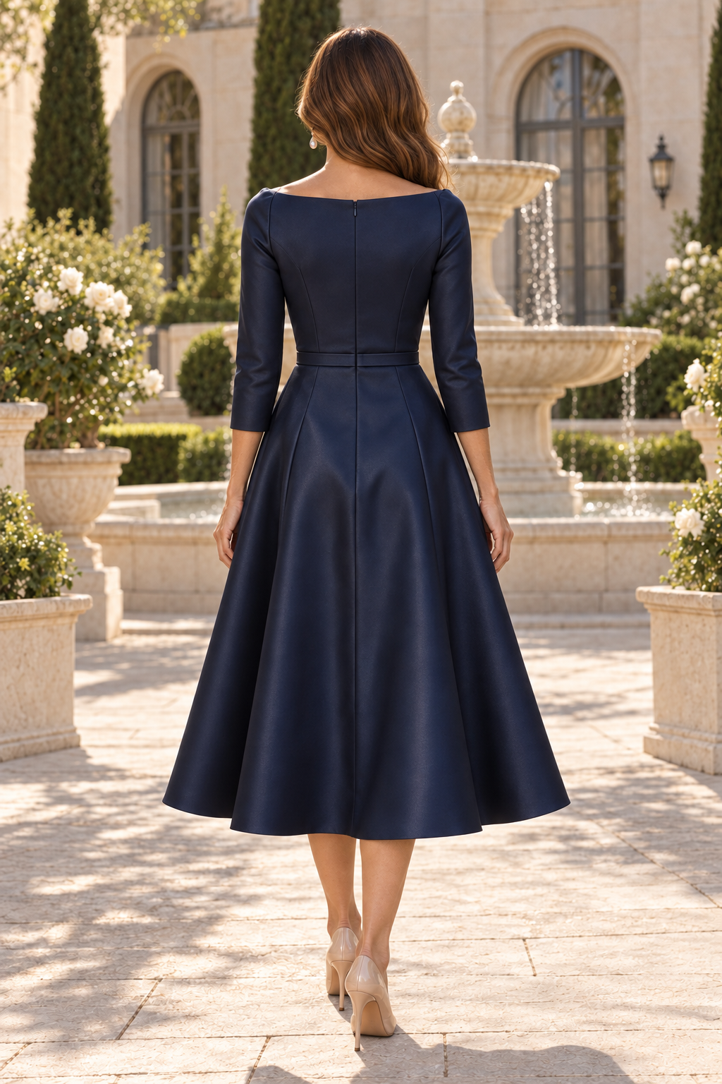 Bateau Neck Midi A-Line Dress with 3/4 Sleeves