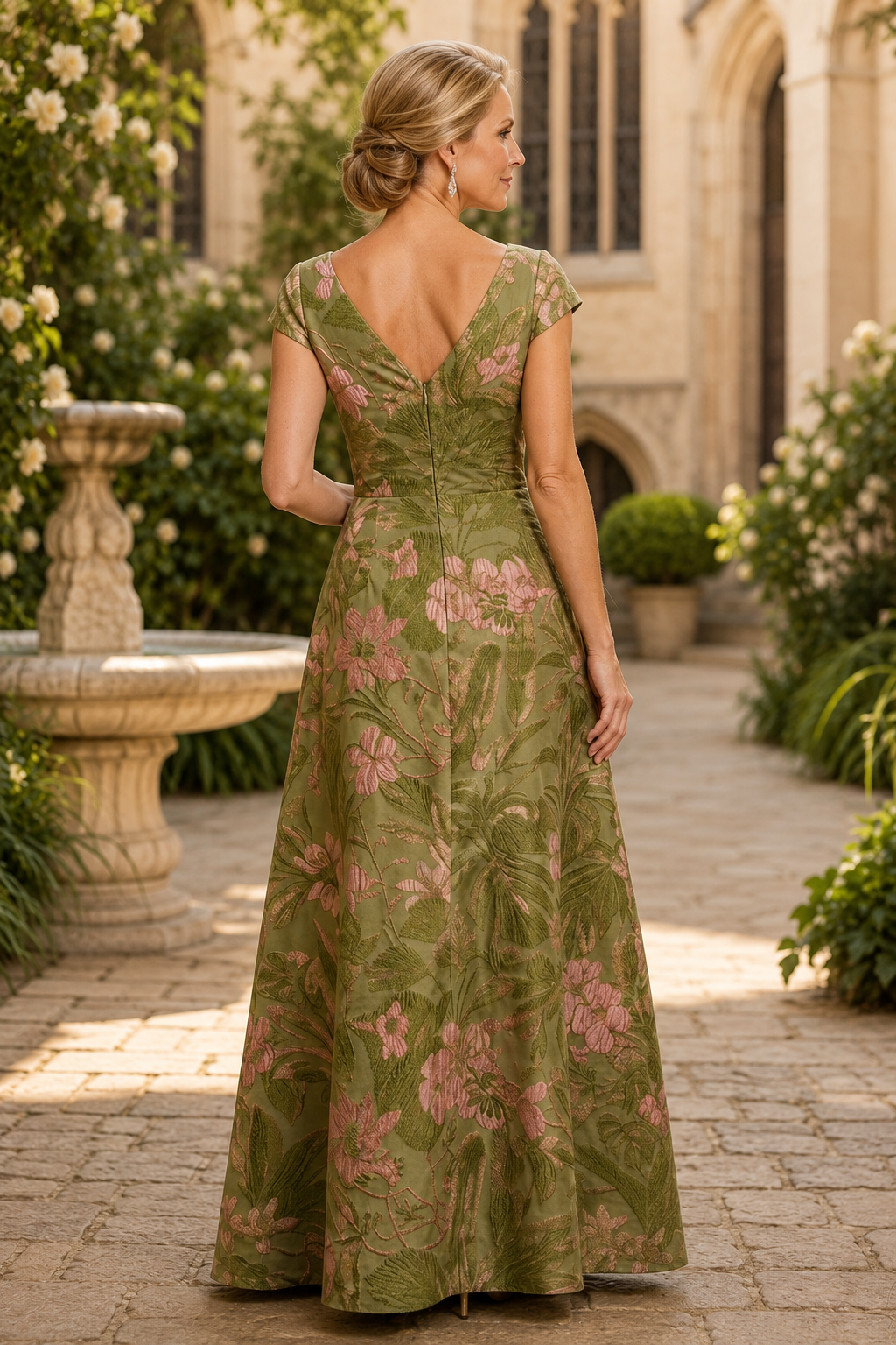Geblümtes Jacquard A-Linien-Kleid mit Stufenrüschen