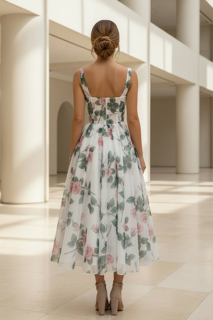 Florales Korsett-Midikleid mit Rosenprint und vollem Rock
