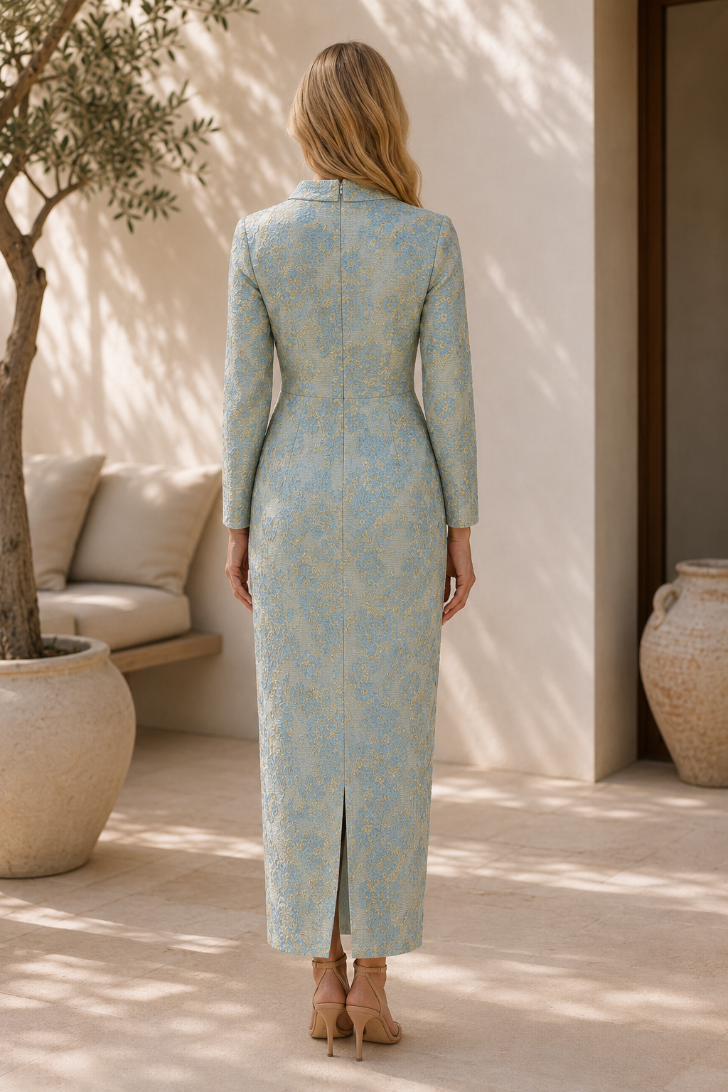Langärmeliges Jacquard-Säulenabendkleid