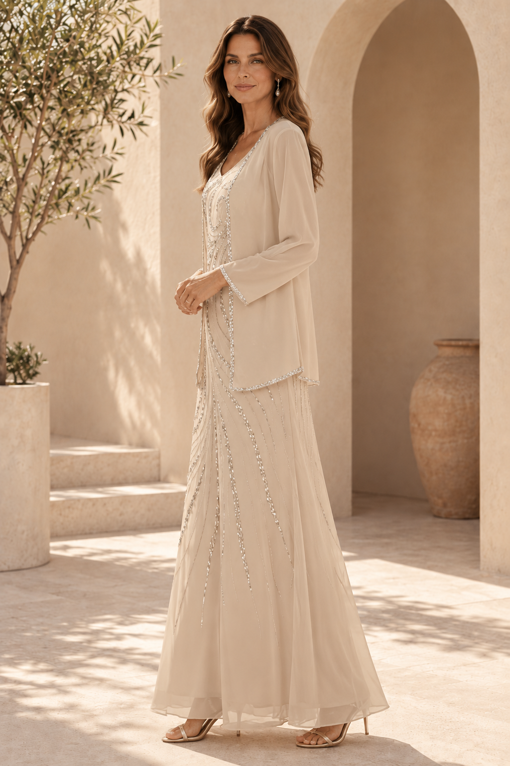 Beaded Floor-Length Dress with Long Sleeve Jacket