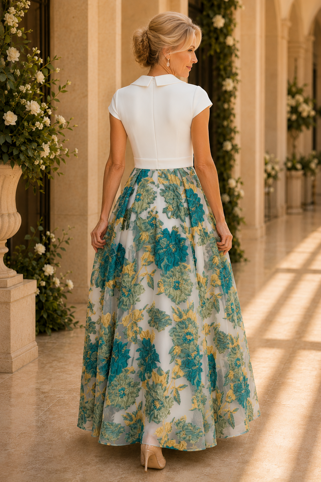Gekräuseltes V-Ausschnitt A-Linien-Kleid mit geblümtem Rock