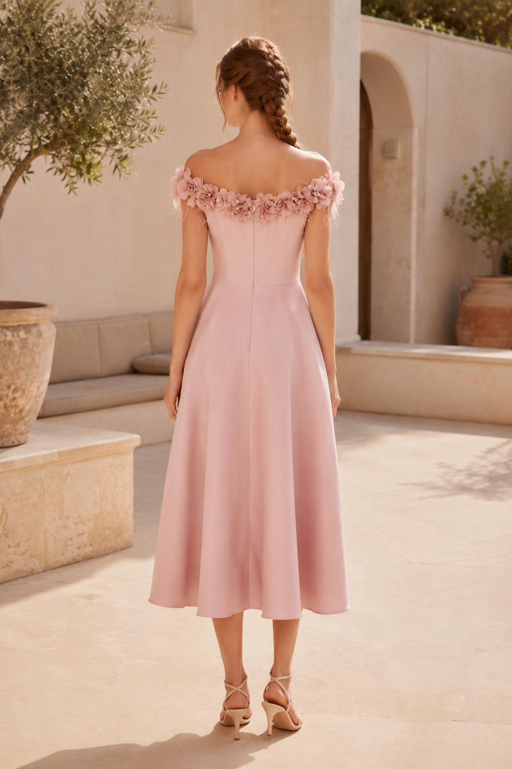 3D-florales schulterfreies Satin-Midikleid