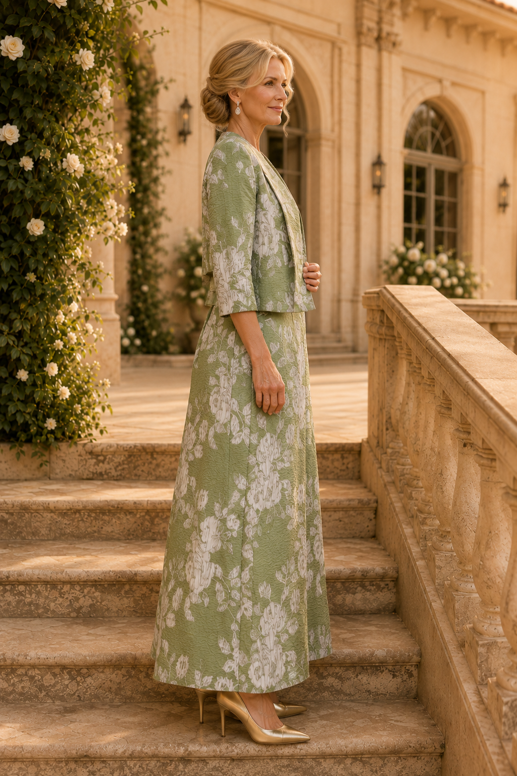 Maxikleid und Jacke mit Blumen-Jacquard
