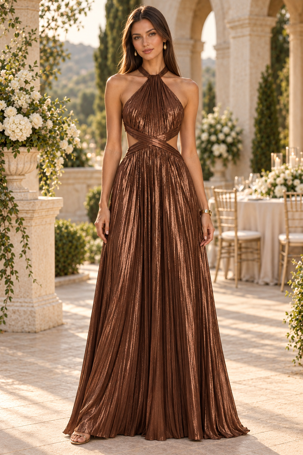 Pleated Halter Cut-Out Maxi Evening Gown