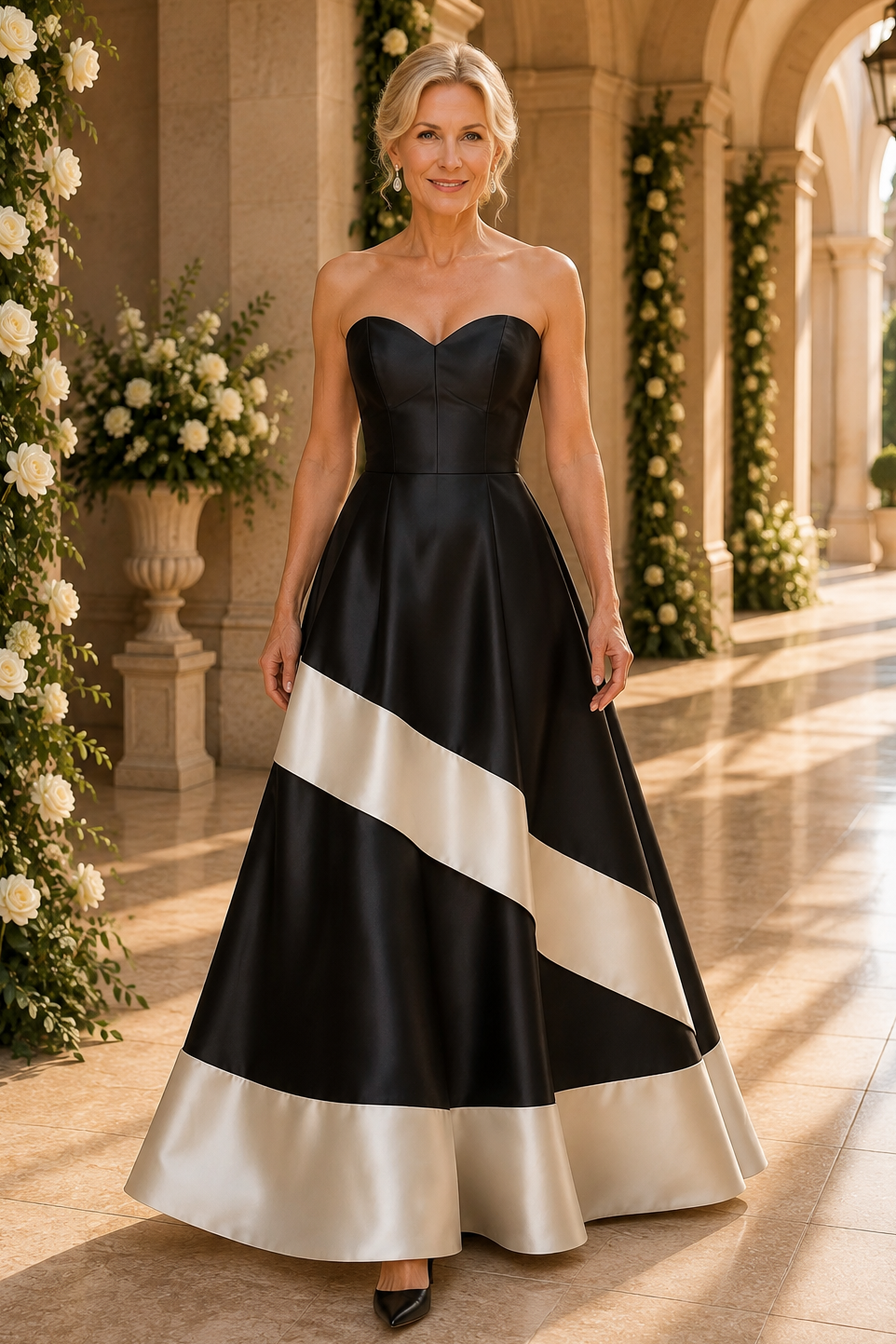 Trägerloses A-Linien-Kleid mit diagonalem Kontrastband