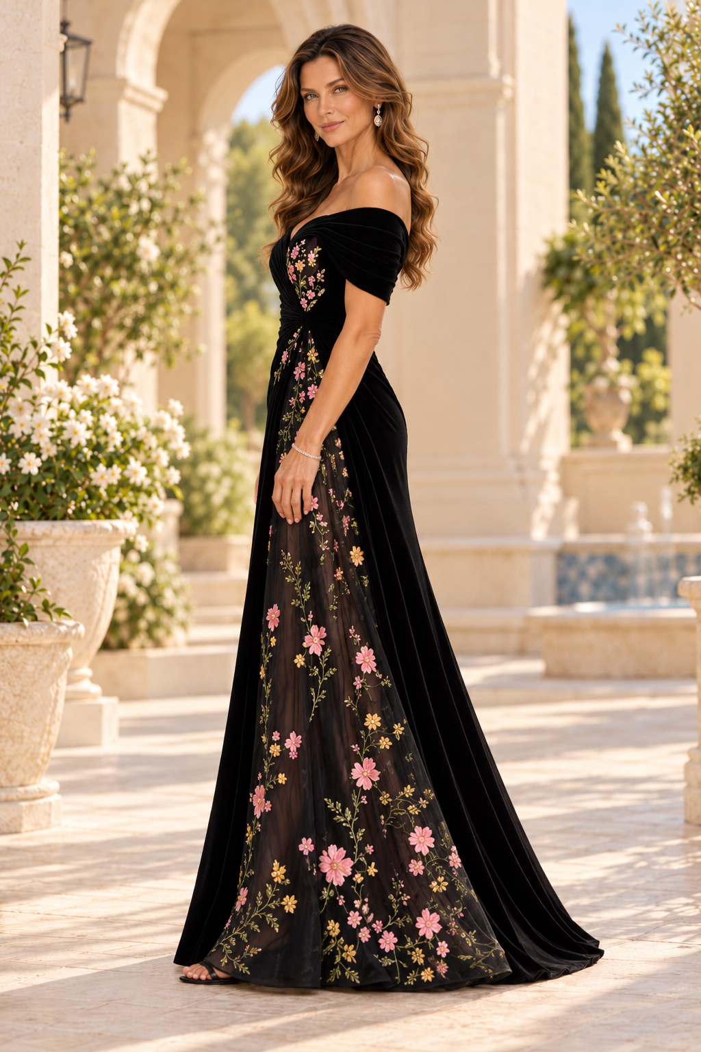 Floral Embroidered Off-the-Shoulder Evening Gown