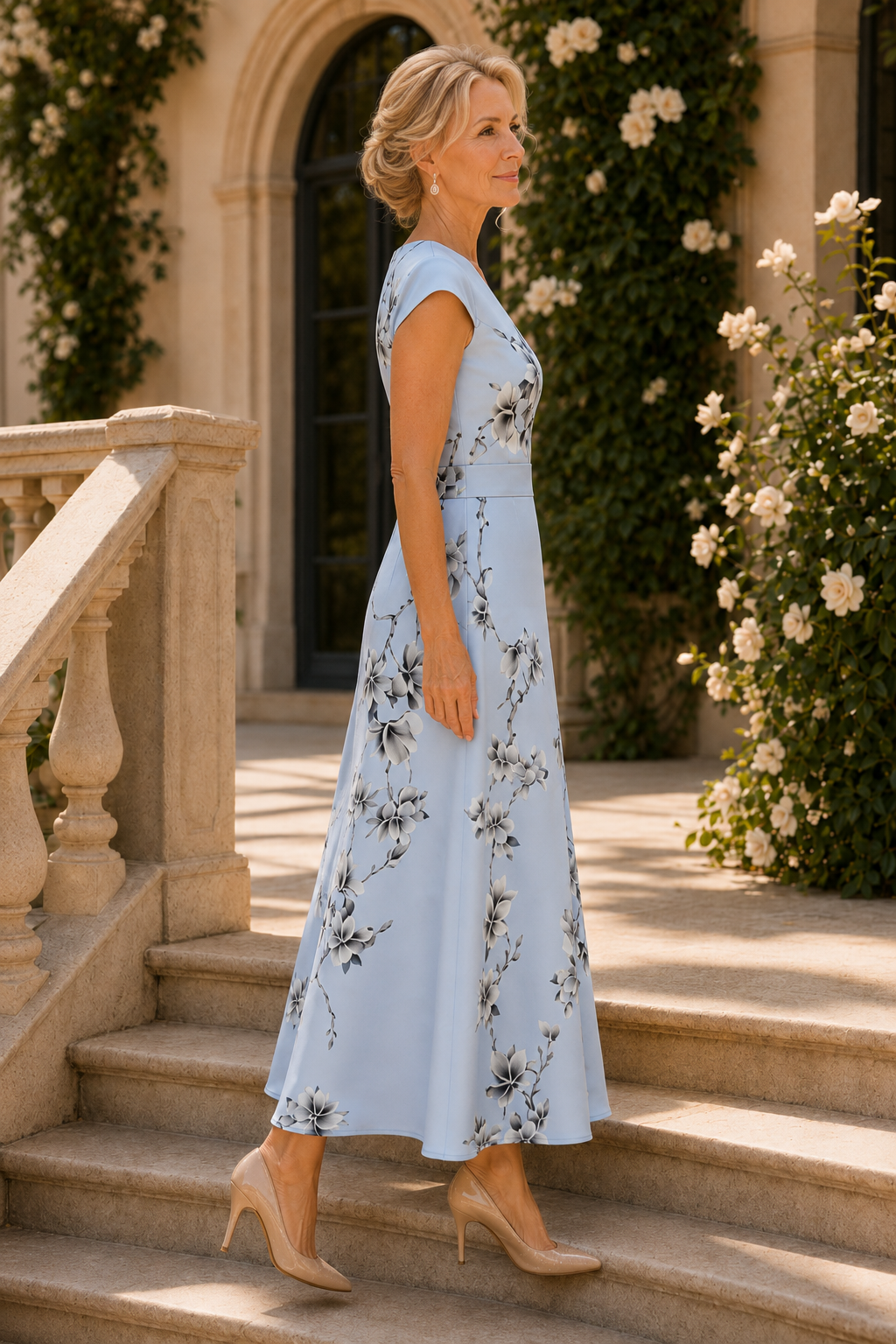 Geblümtes V-Ausschnitt A-Linien-Kleid in Knöchellänge
