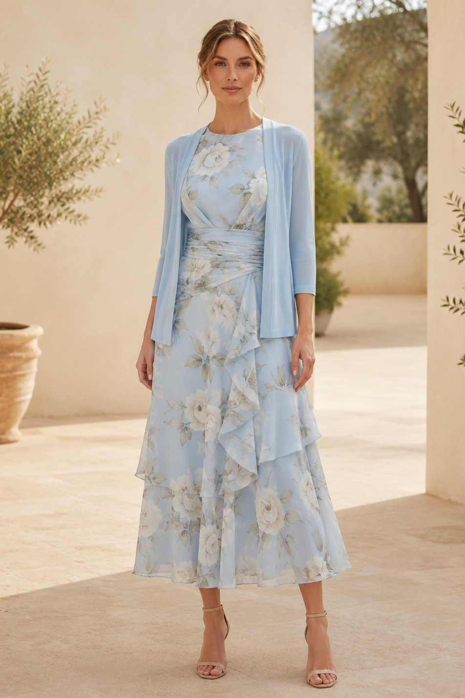 Geblümtes Stufen-Midikleid mit Dreiviertelarm-Jacke