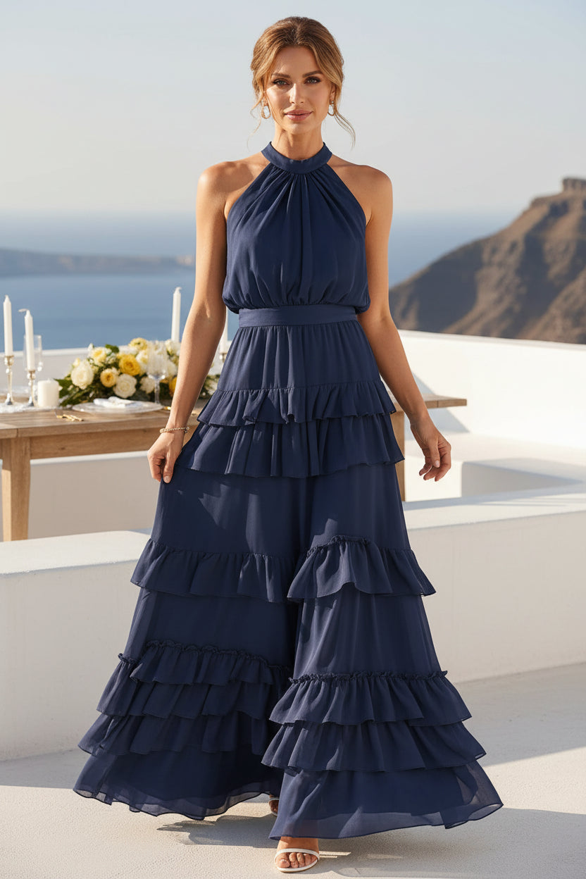 Halterneck-Maxikleid mit gestuftem Rüschenrock