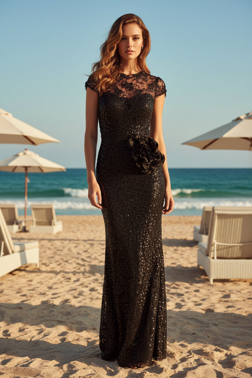 Abendkleid mit Spitzen-Illusion, kurzen Ärmeln und Pailletten