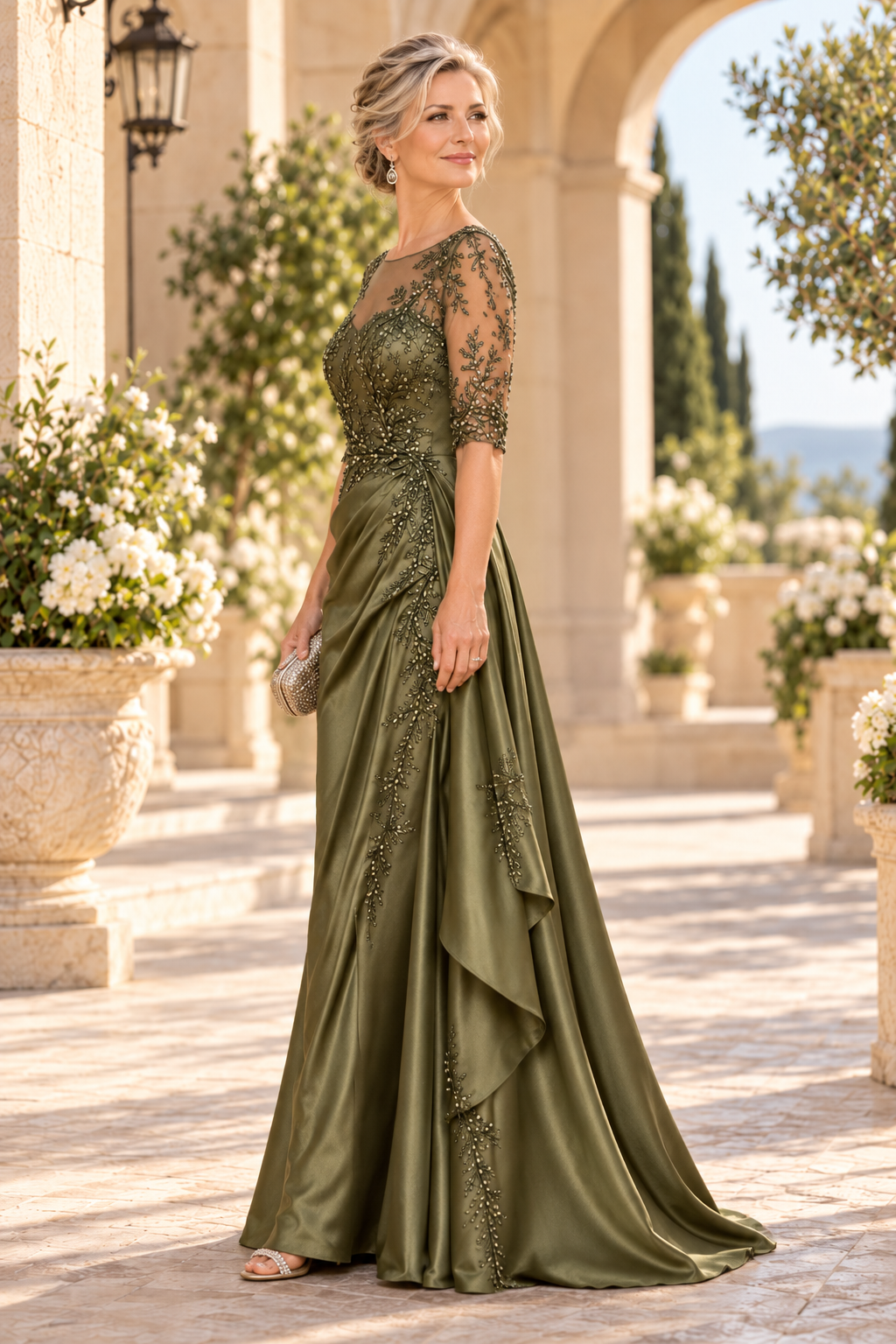 Embroidered Illusion Neckline Satin Gown