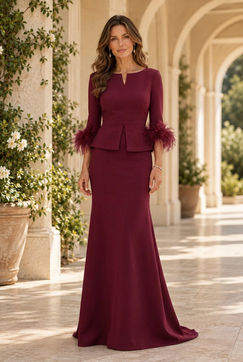Peplum Feather-Cuff Evening Gown