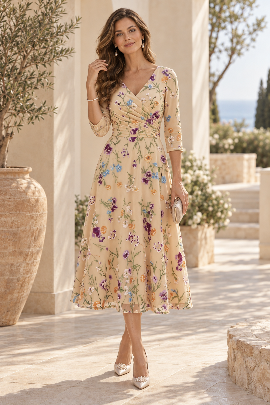 Floral Embroidered A-Line Midi Dress with 3/4 Sleeves