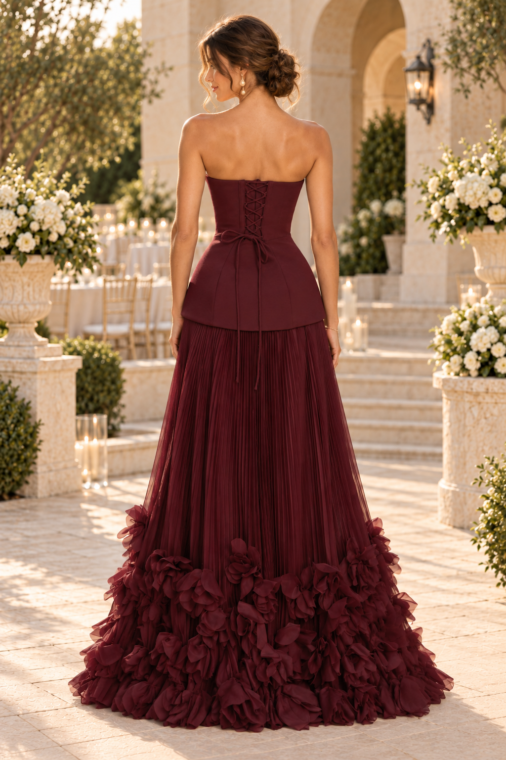 Strapless Corset Gown with Pleated Rosette Skirt