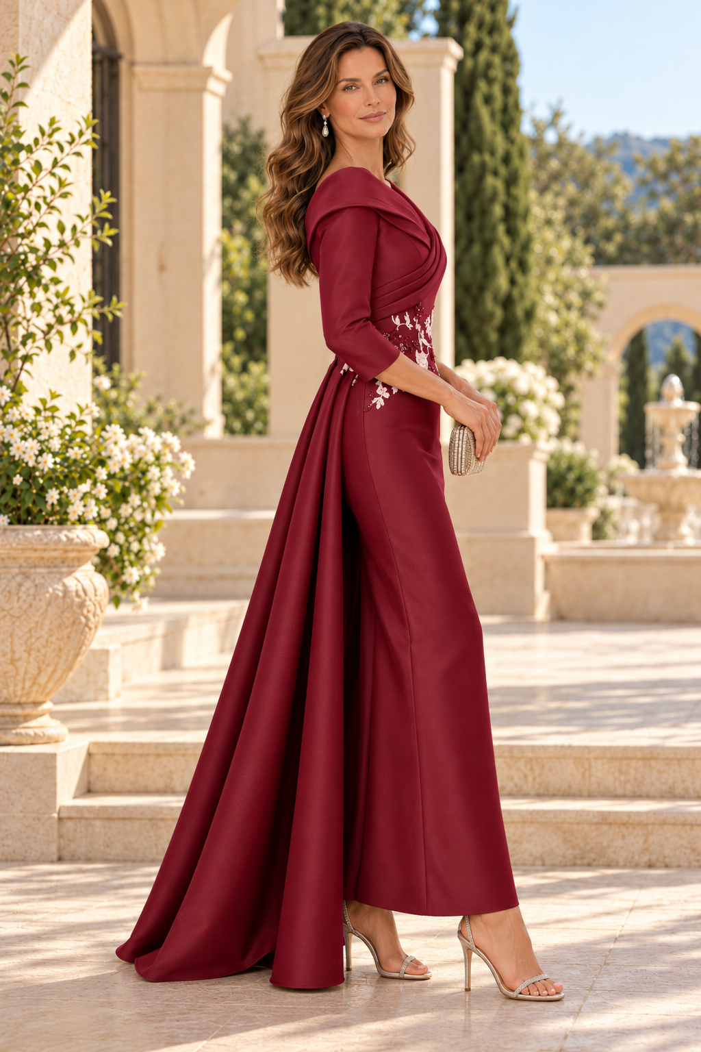 Evening Gown with Side Drape and Appliques