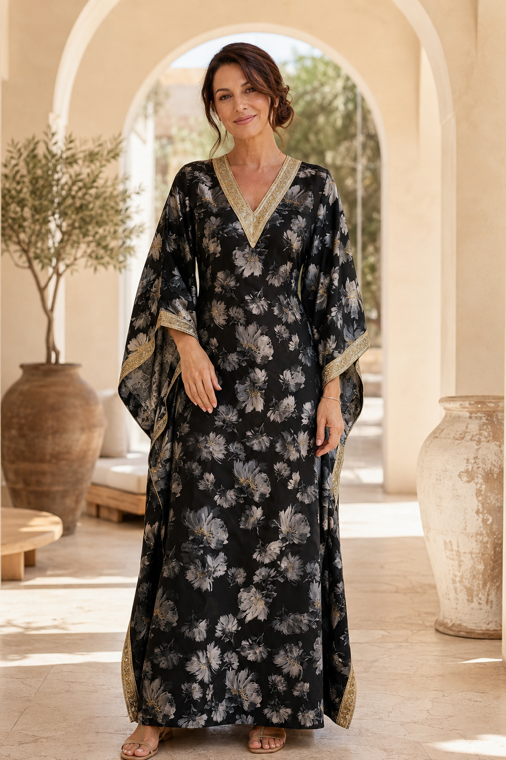 Geblümtes Kaftan Maxikleid mit drapierten Ärmeln