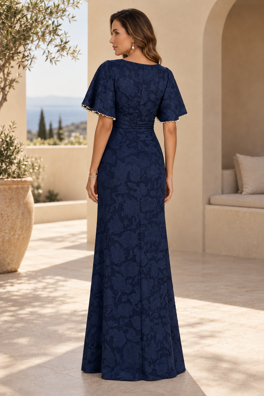 Flutter Sleeve Jacquard Gown with Front Slit