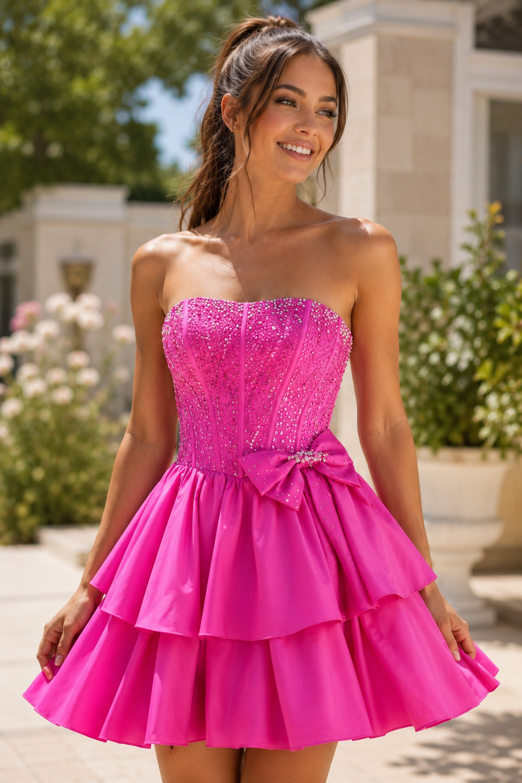 Trägerloses, gestuftes Korsett-Minikleid mit Schleife