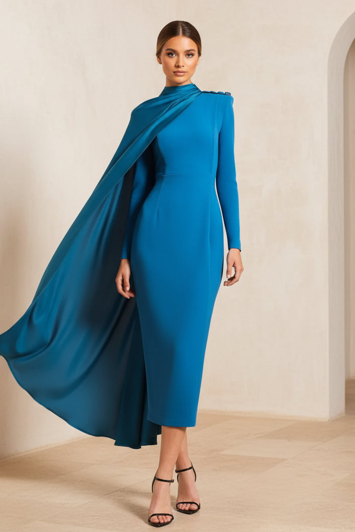 Hochgeschlossenes Midikleid mit asymmetrischem Cape