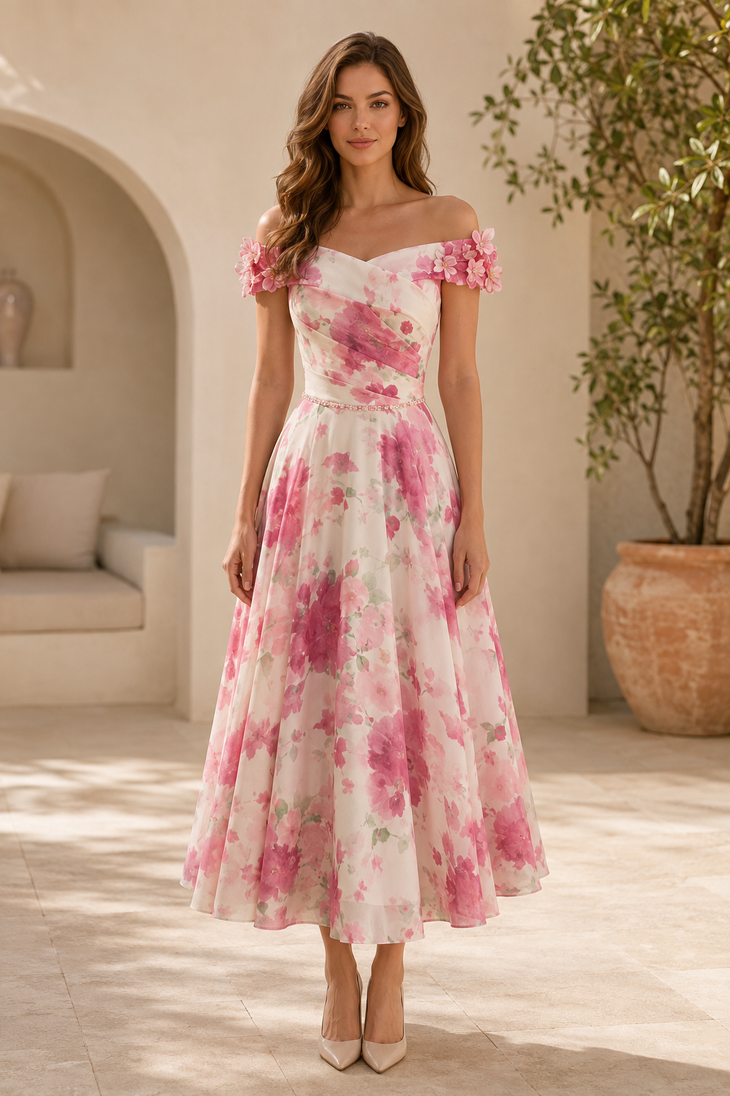 Geblümtes schulterfreies A-Linien-Kleid in Teelänge
