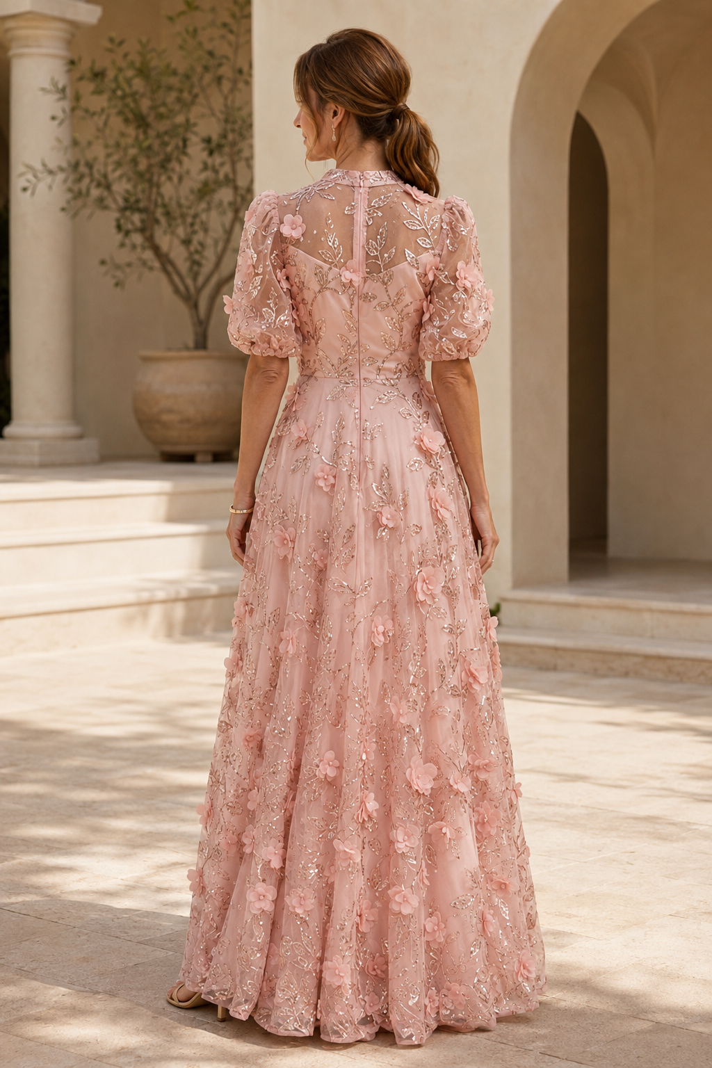 3D-Blumenapplikationen Puffärmel A-Linien-Kleid