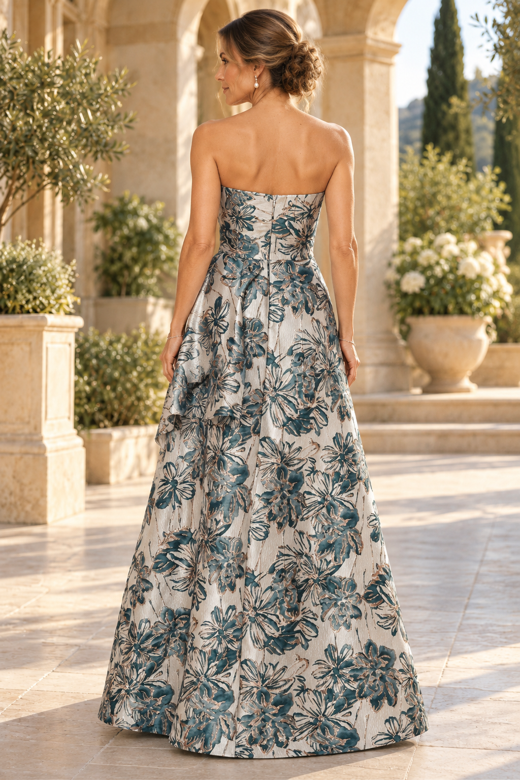 Strapless Jacquard A-Line Gown with Drape