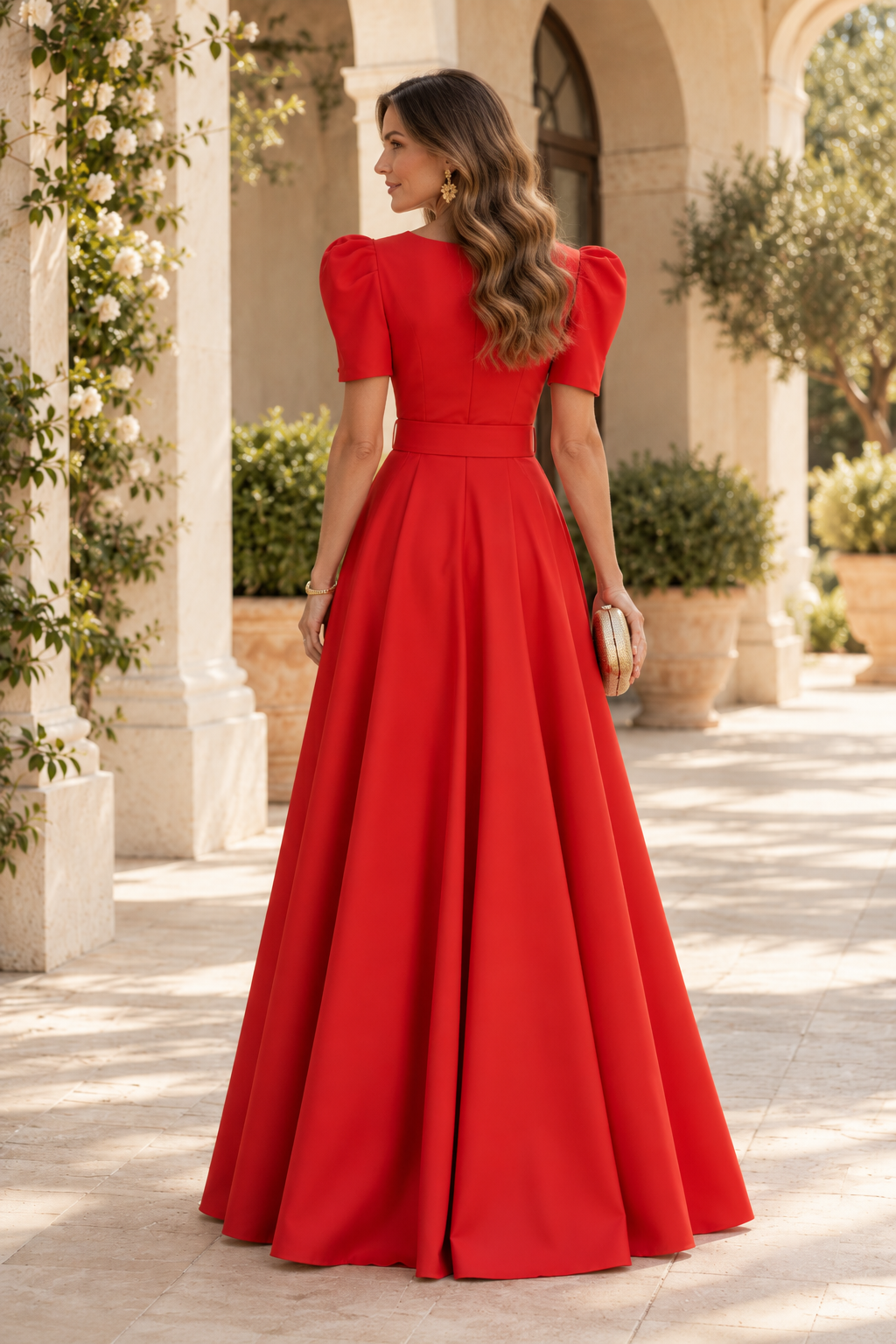 Puff Sleeve V-Neck Belted A-Line Gown