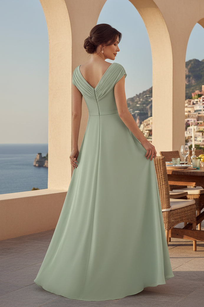 Abendkleid aus Chiffon mit V-Ausschnitt und Falten im A-Linien-Schnitt