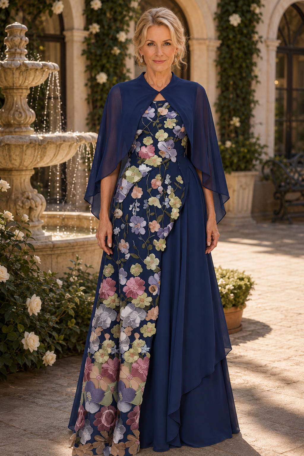 Geblümtes, besticktes Capelet-Kleid mit drapiertem Überwurf