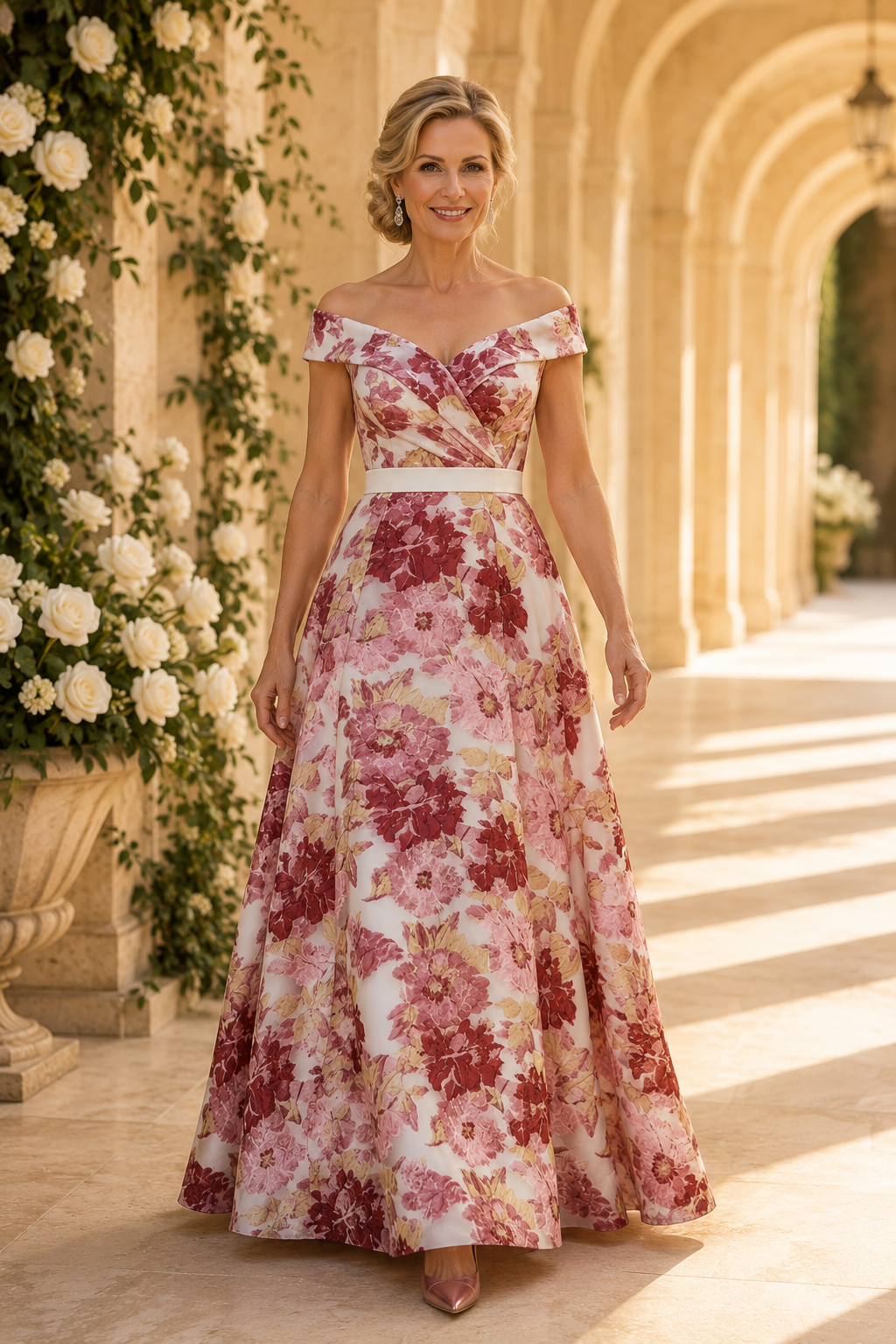 Schulterfreies geblümtes A-Linien-Kleid mit Taillenbund