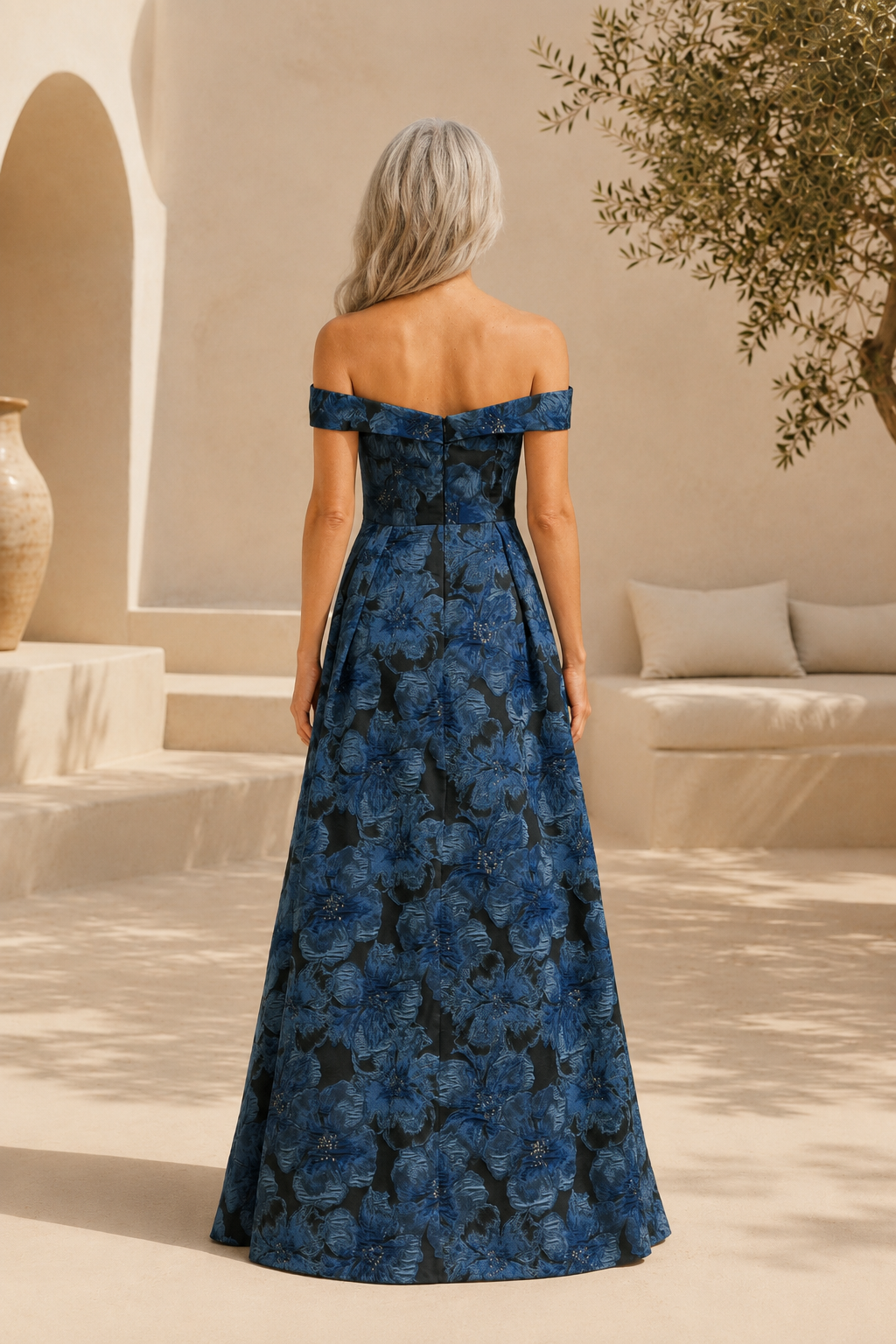 Off-Shoulder A-Linien Abendkleid aus floralem Jacquard