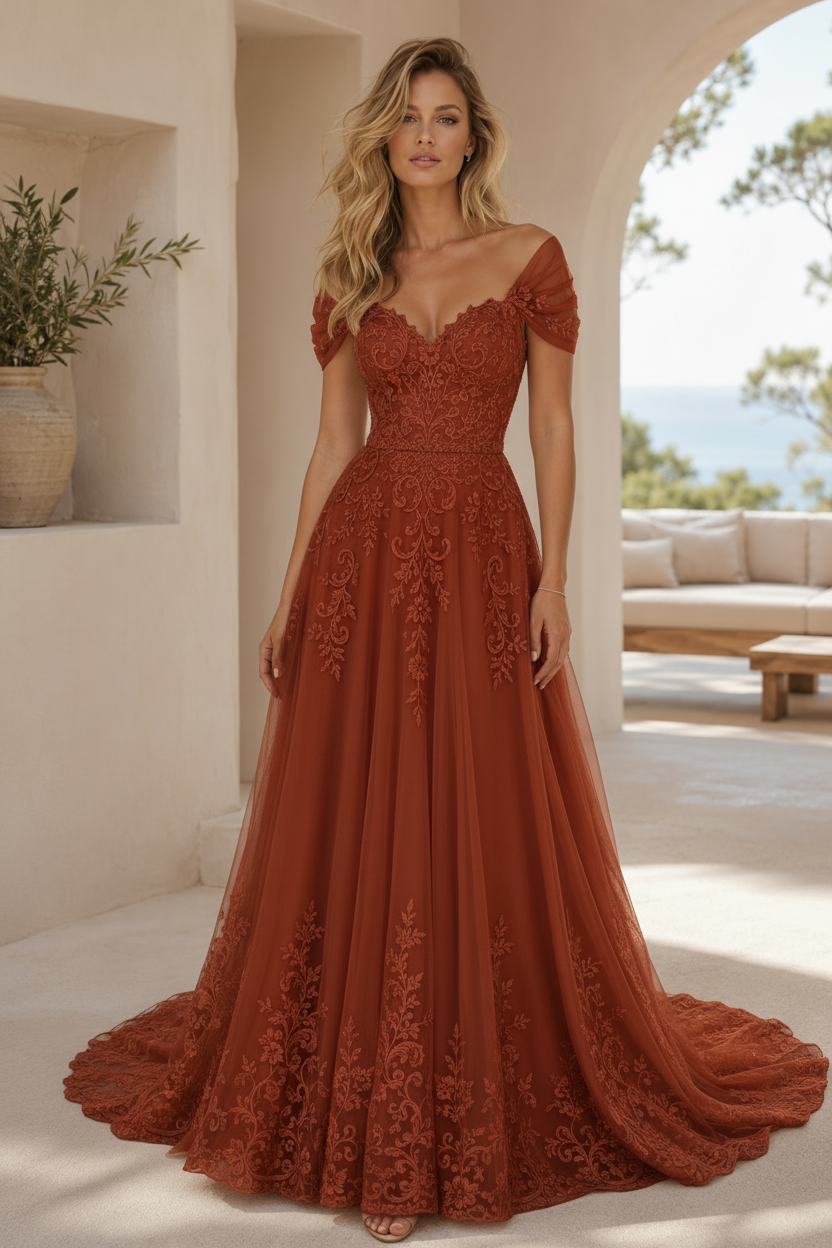 A-Linien-Brautkleid mit Spitzenapplikationen und schulterfreiem Dekolleté