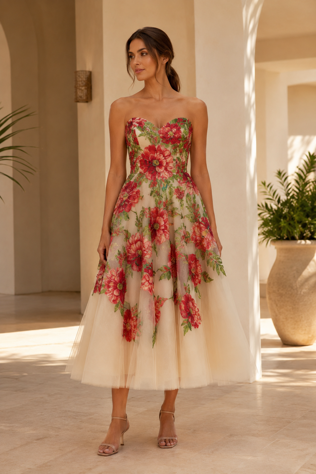 Trägerloses Teelanges Tüllkleid mit Blumenstickerei