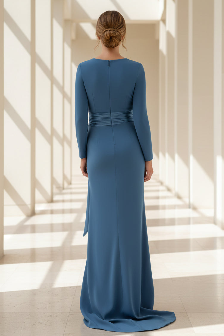 Elegantes langärmeliges Etui-Abendkleid mit seitlicher Schleife