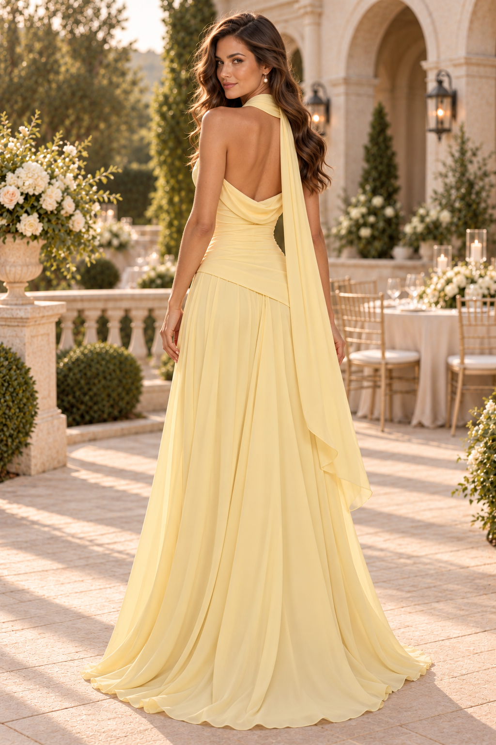 Cowl Neck Ruched Bodice Gown with Scarf