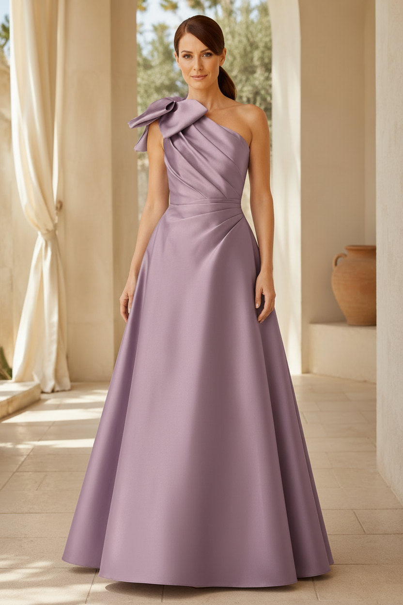 Satin-A-Linien-Kleid mit One-Shoulder, Schleife und Taschen