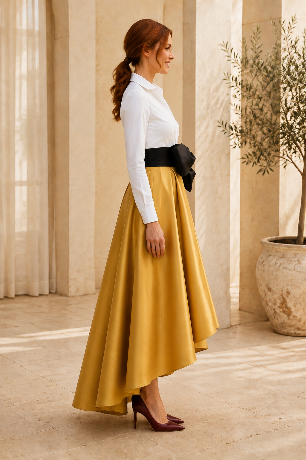 Hemd-High-Low-Kleid mit langen Ärmeln und Schleifengürtel