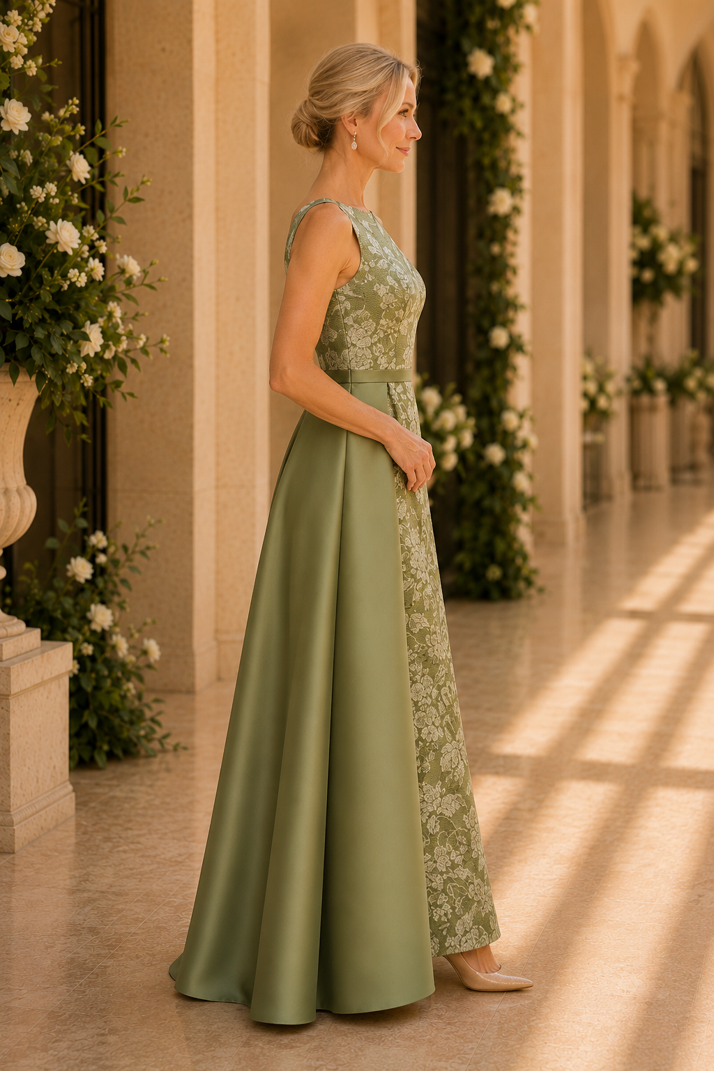 Säulenkleid aus floralem Jacquard mit Satin-Überrock